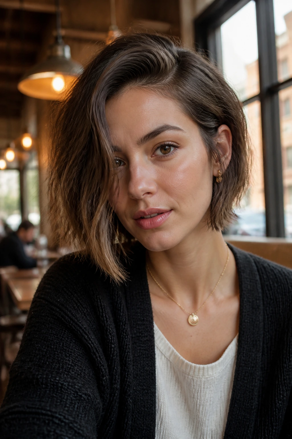 Close-up of a real woman with a deep side-parted asymmetrical choppy bob in a cozy cafe.