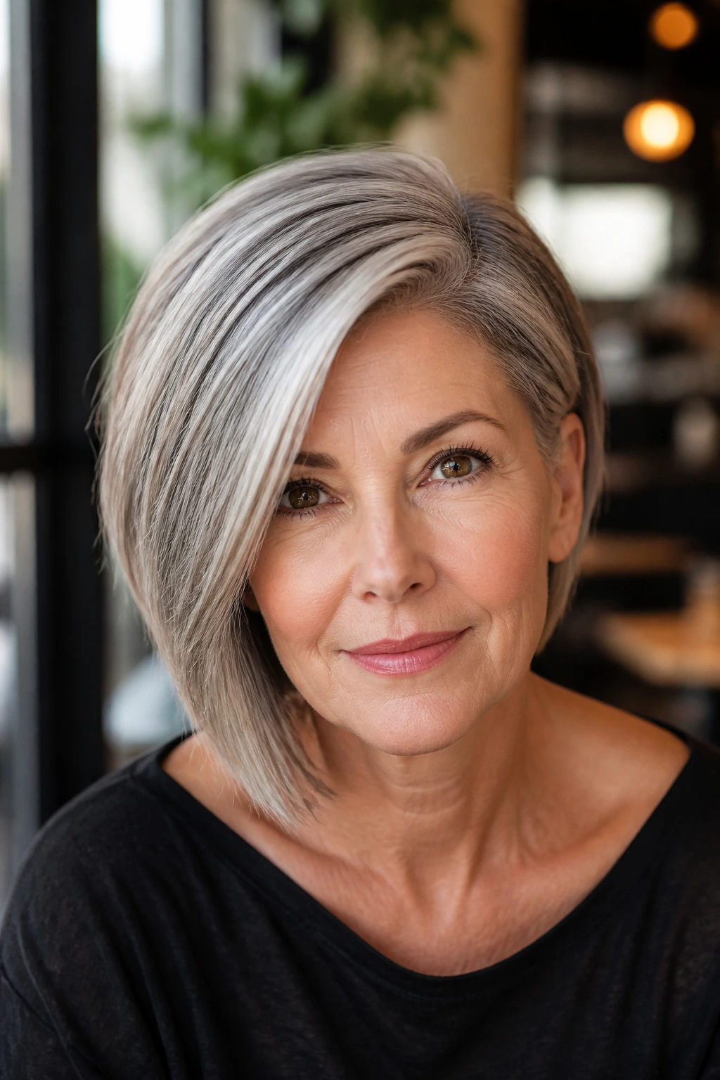 Real woman with an asymmetrical bob featuring a deep side part and diagonal volume.