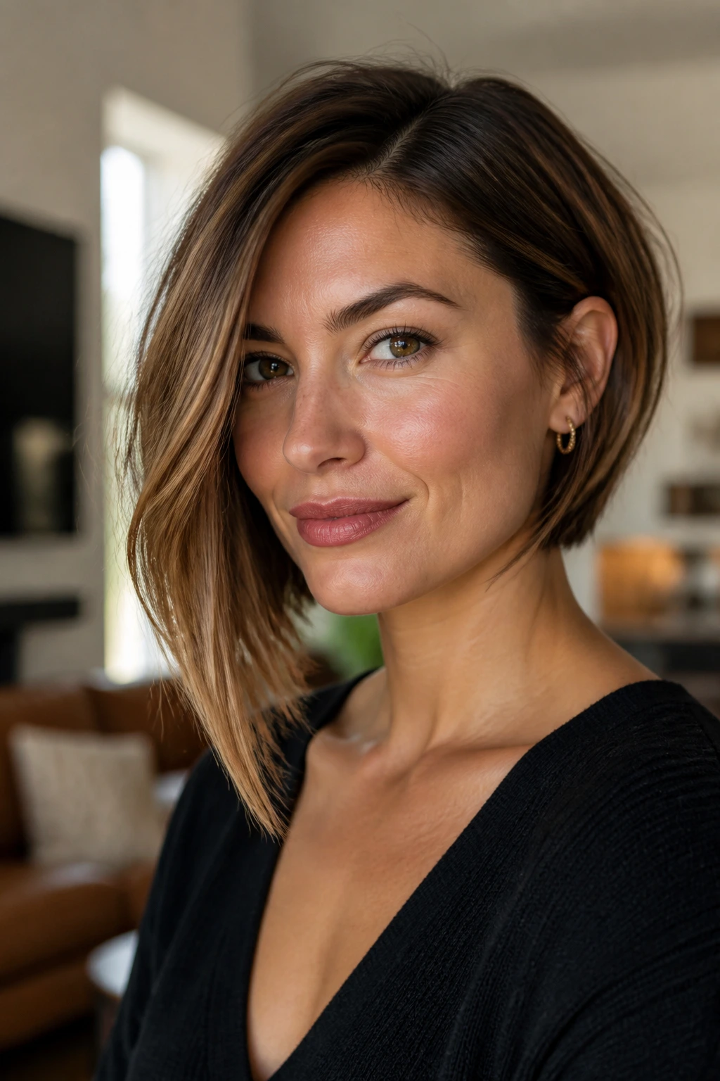 Close-up of a real woman with an asymmetrical bob and longer front side