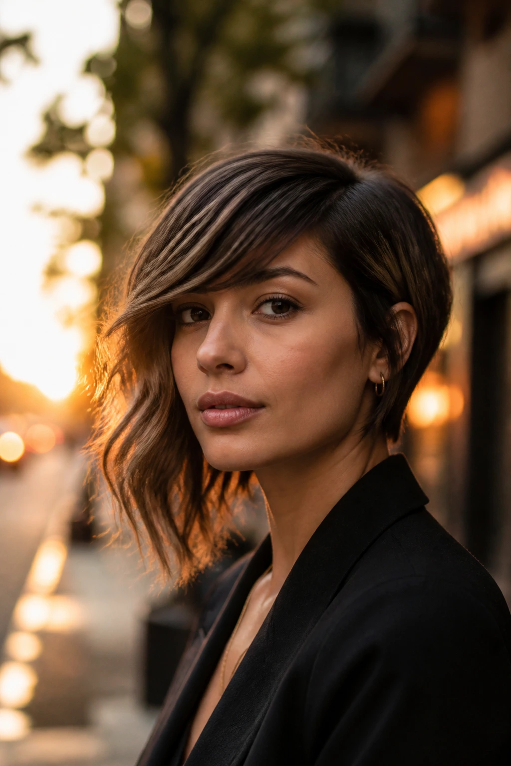 Real person with asymmetrical bob and diagonal fringe on an urban street at golden hour