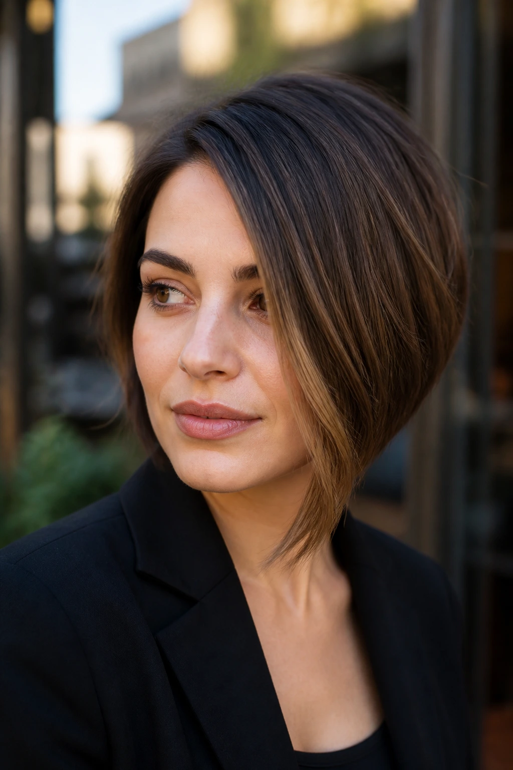 Real woman with asymmetrical bob showing diagonal line