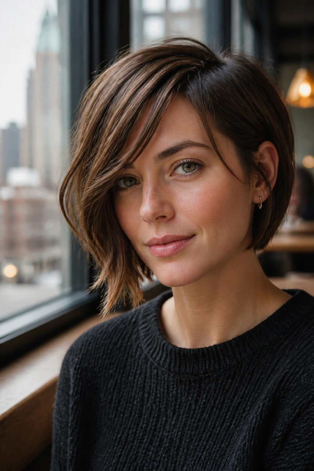 Portrait of a person with an asymmetrical bob and draped bangs under cafe window light