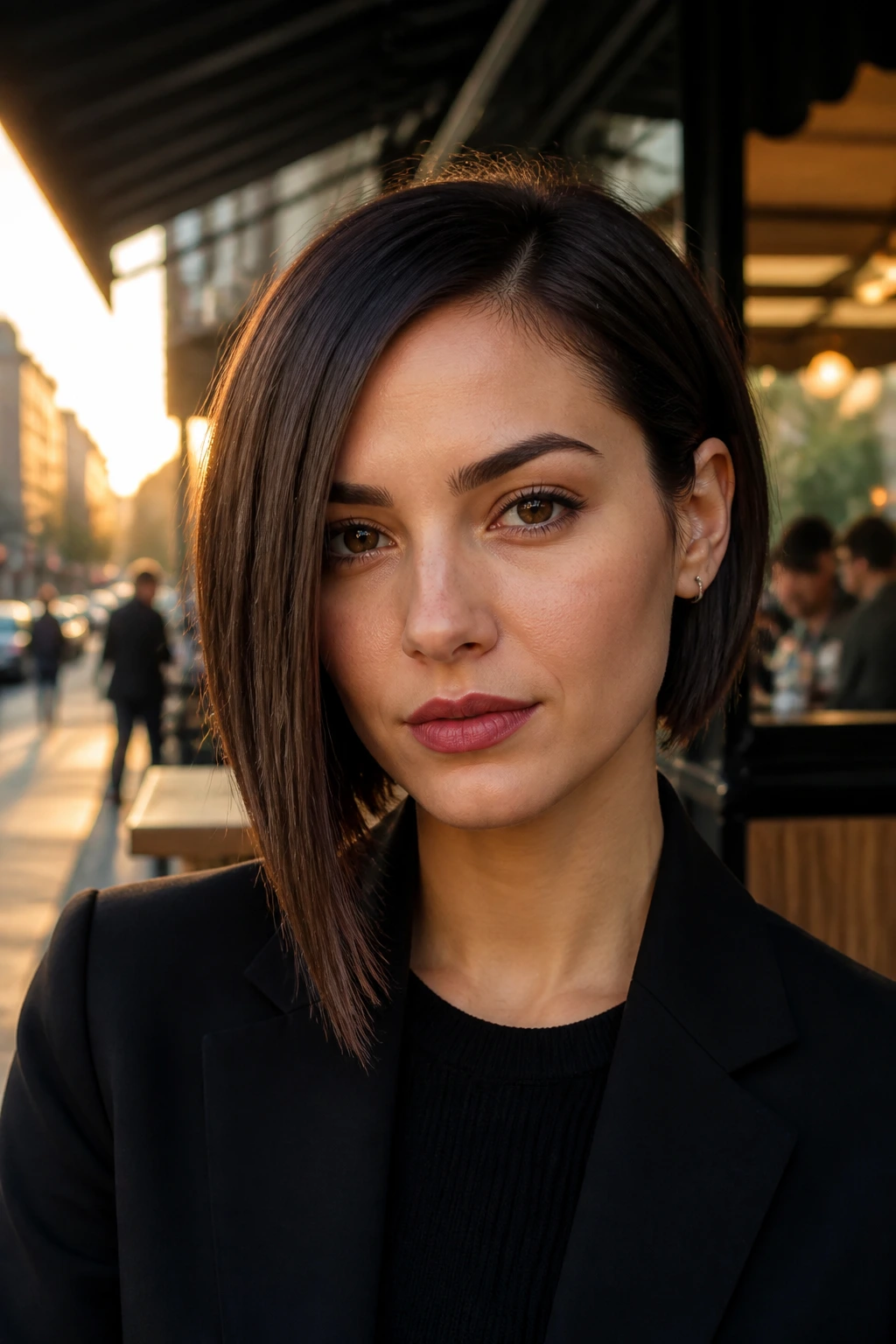 Close-up portrait of a real woman with an asymmetrical bob showing uneven lengths
