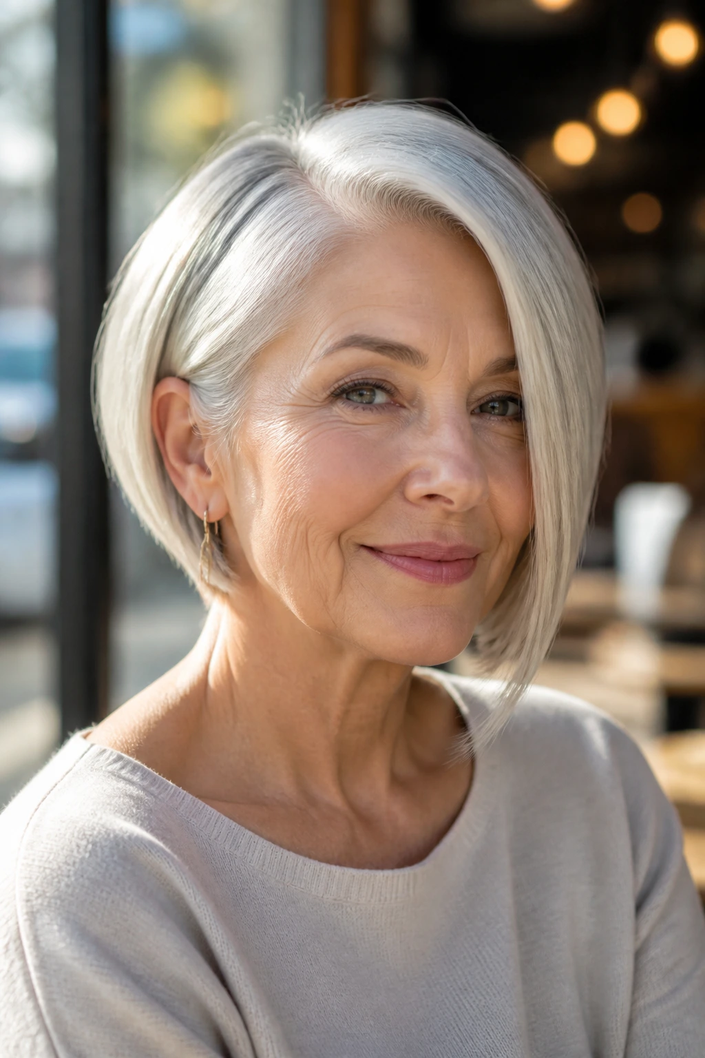 Close-up of a 60+ woman with a subtle asymmetrical bob and longer front piece in warm cafe light