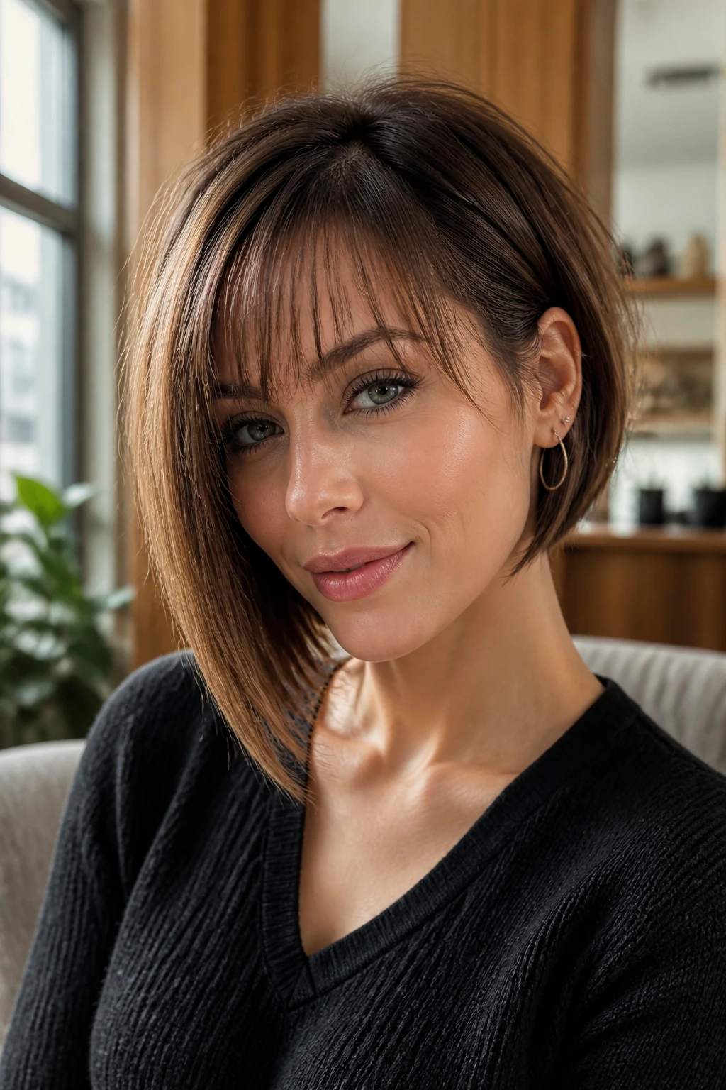 Portrait of a real woman with an asymmetrical bob and floating bangs.