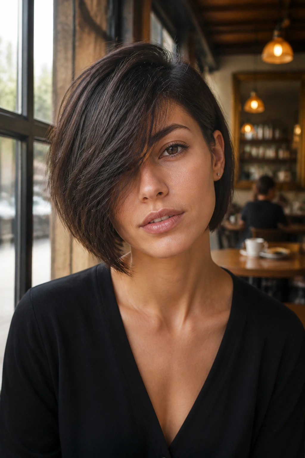 Portrait of a real person with an asymmetrical bob and long fringe in sunlit cafe light