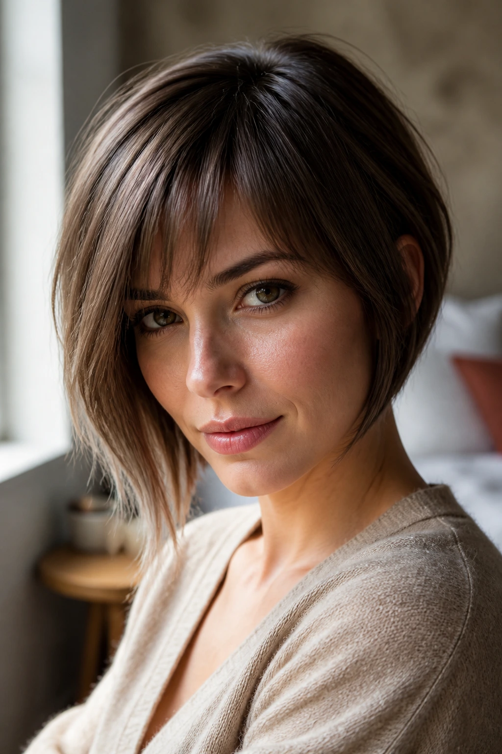 Close-up portrait of a real woman with an asymmetrical bob and light fringe, lit by natural window light.