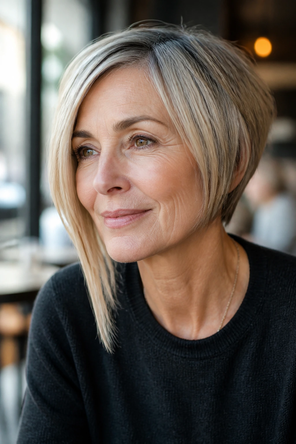 Close-up of a woman with an asymmetrical bob and longer front pieces
