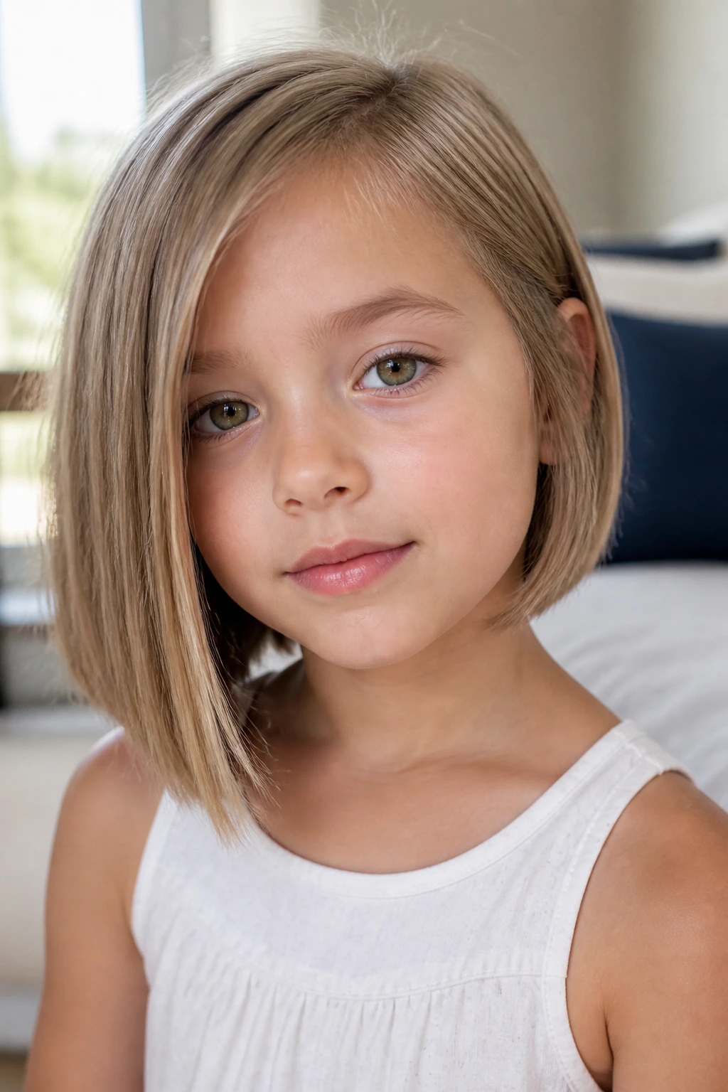 Close-up of a girl with an asymmetrical bob in a bright home setting