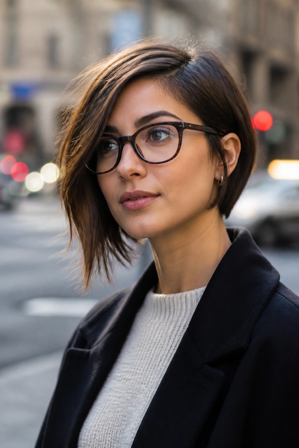 Real woman with an asymmetrical bob, showing longer and shorter sides.