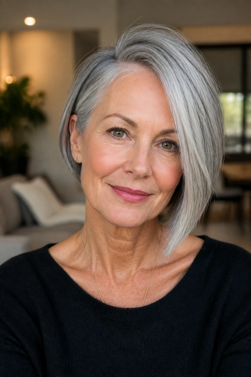 Close-up portrait of a real woman with an asymmetrical bob and longer front pieces