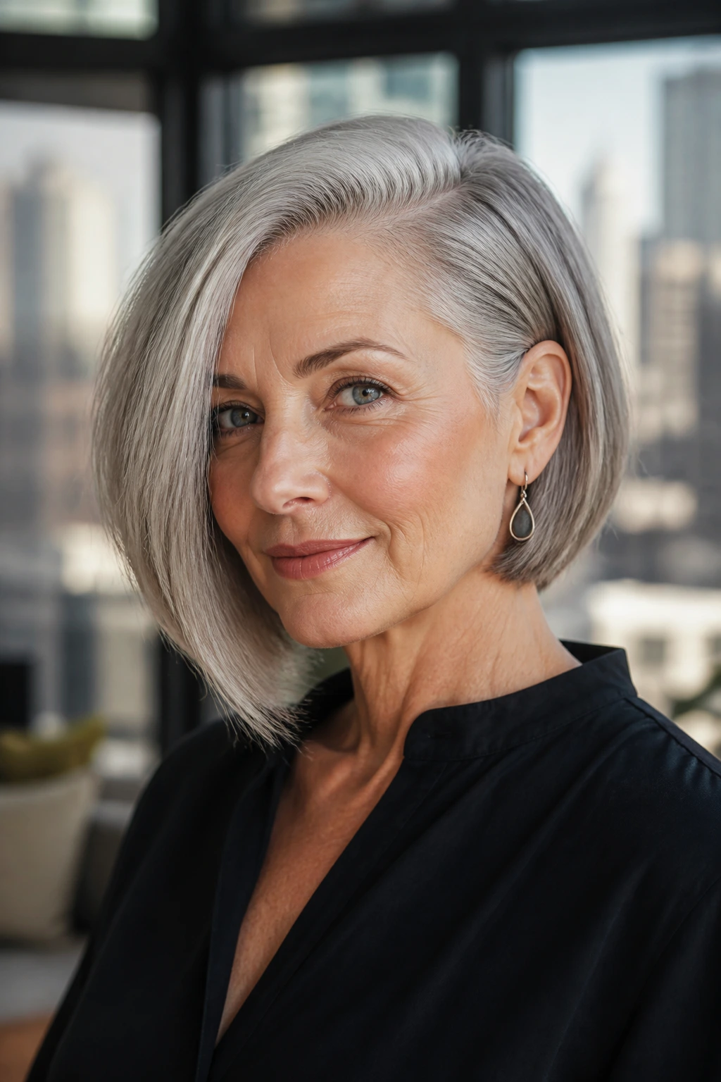 Close-up of a real woman with asymmetrical bob and deep side part on gray hair