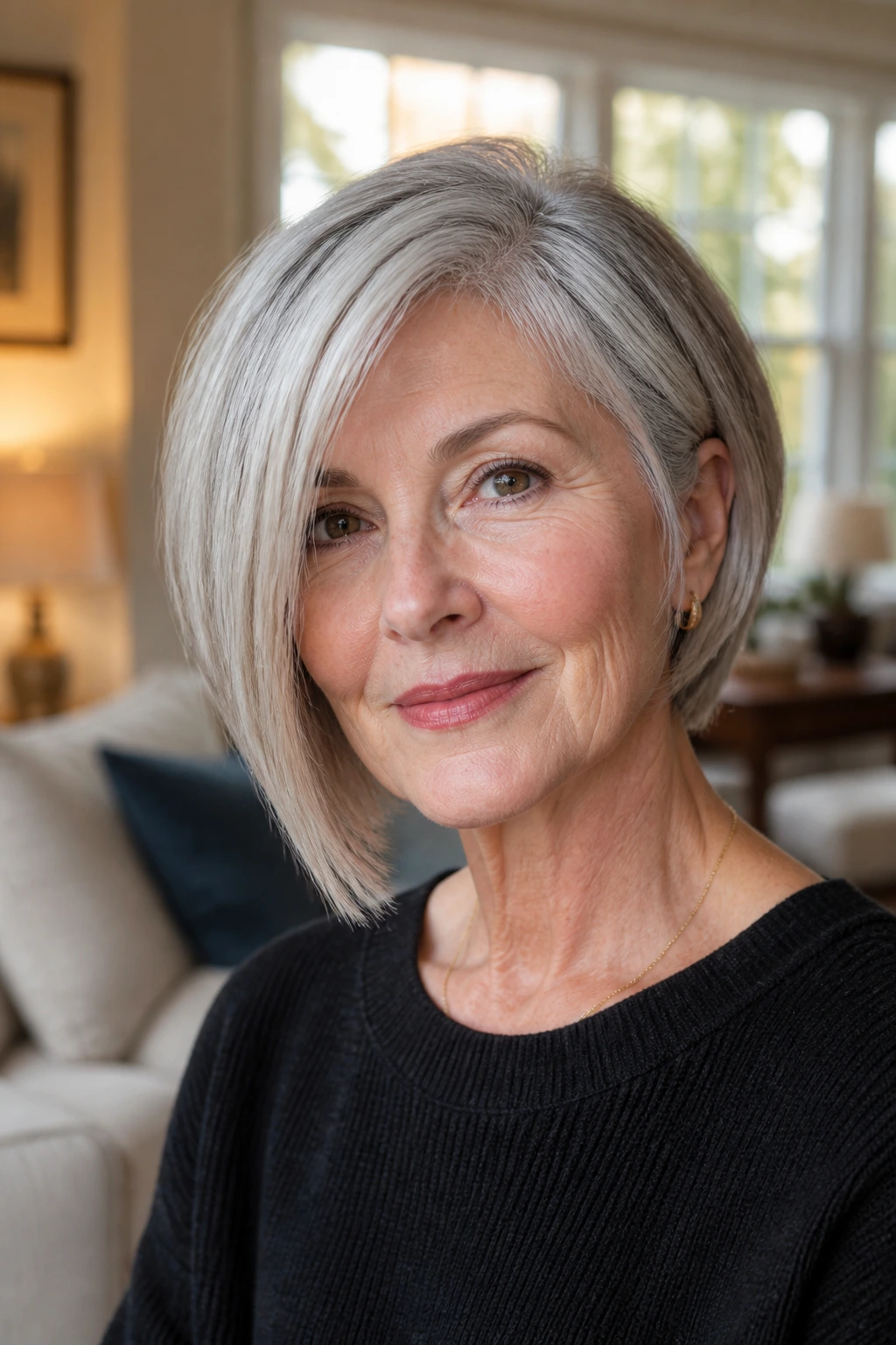 Close-up portrait of a real woman with an asymmetrical bob showing a subtle length difference and natural light