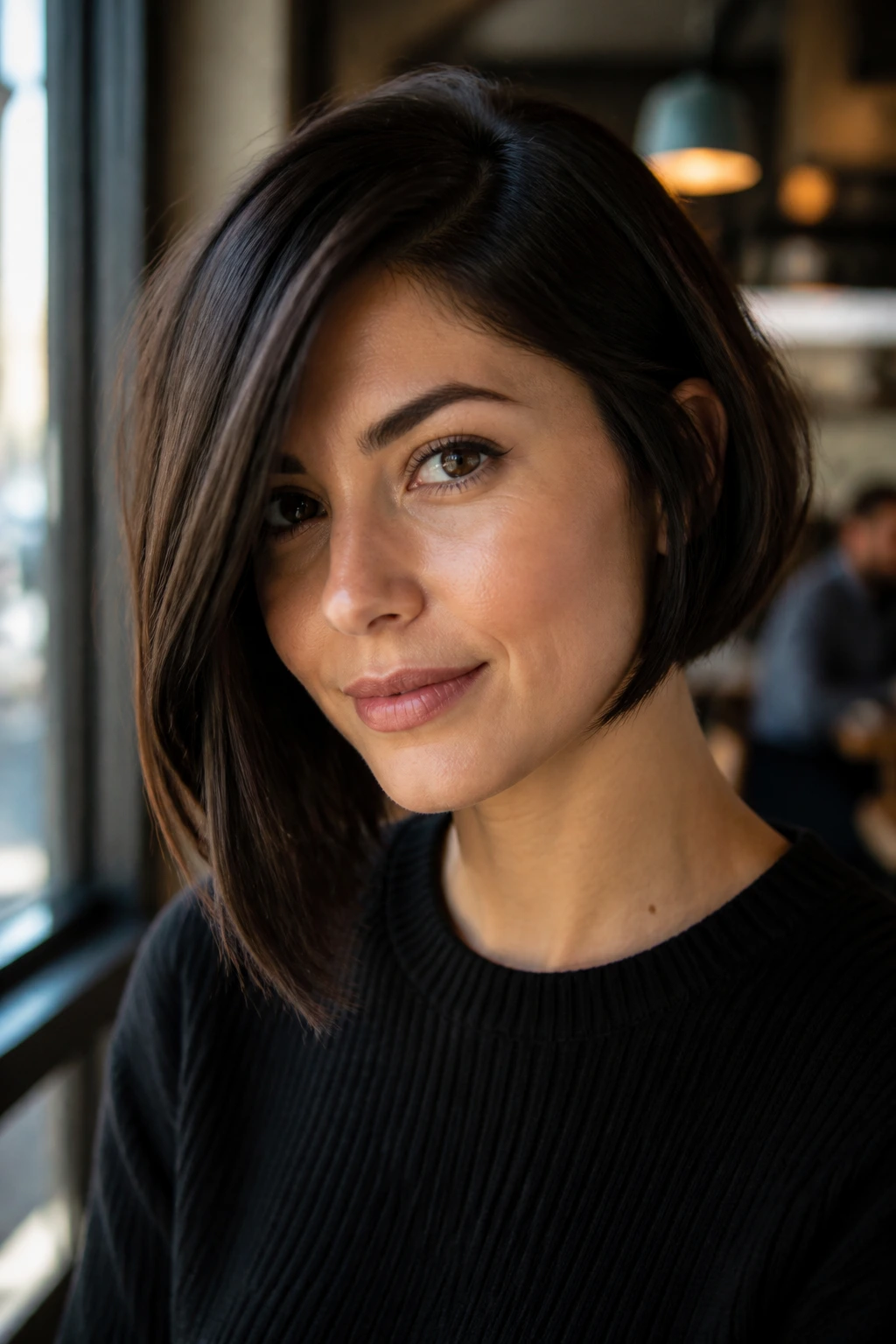 Close-up portrait of a woman with an asymmetrical bob and off-center part