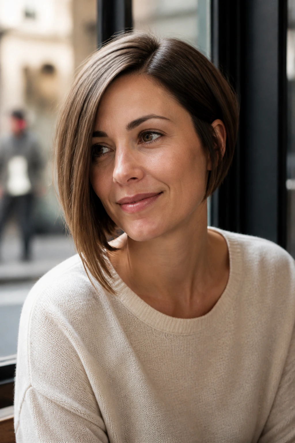 Portrait of a woman with an asymmetrical bob showing subtle longer side.
