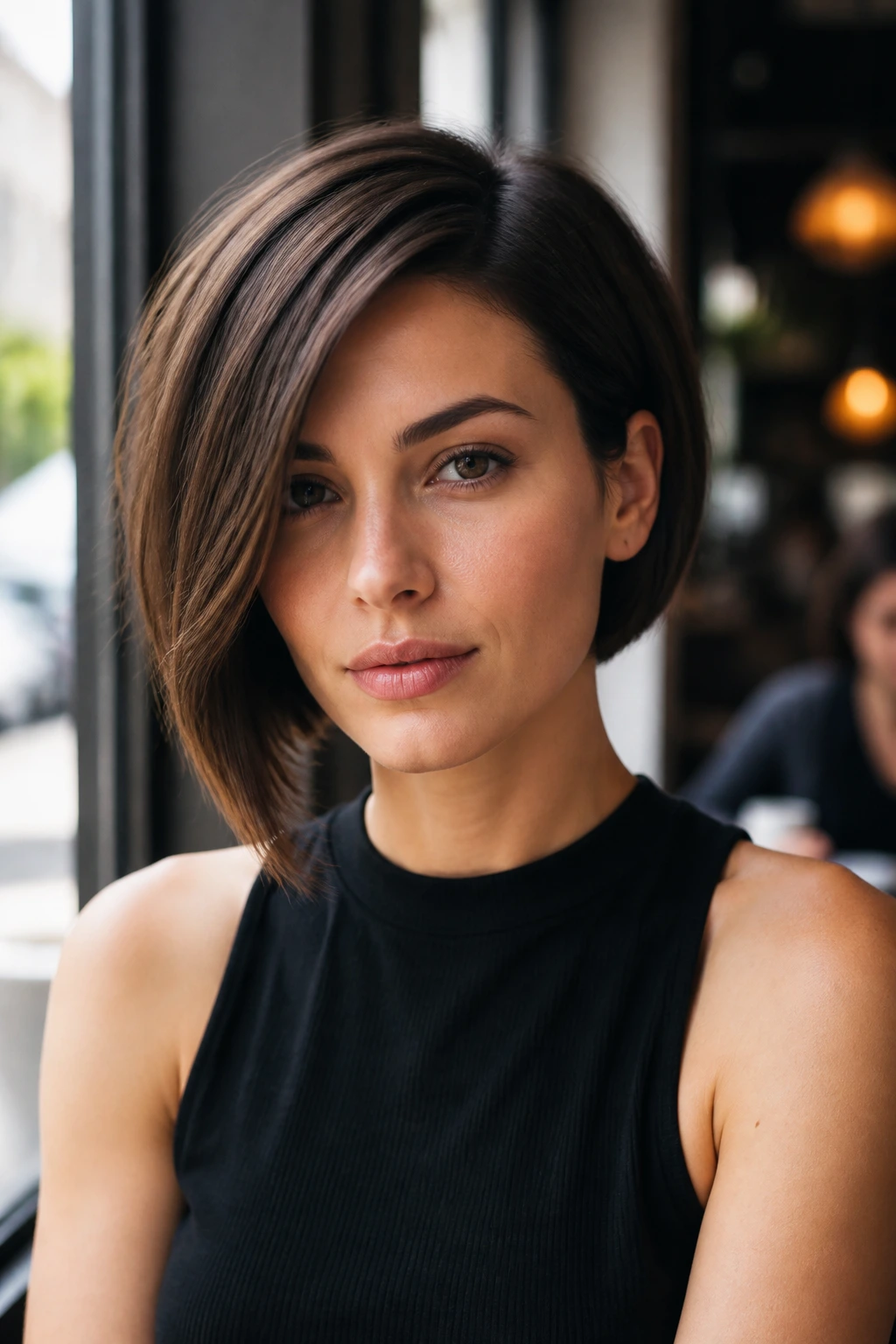 Close-up portrait of a real woman with an asymmetrical bob that flatters a heart-shaped face