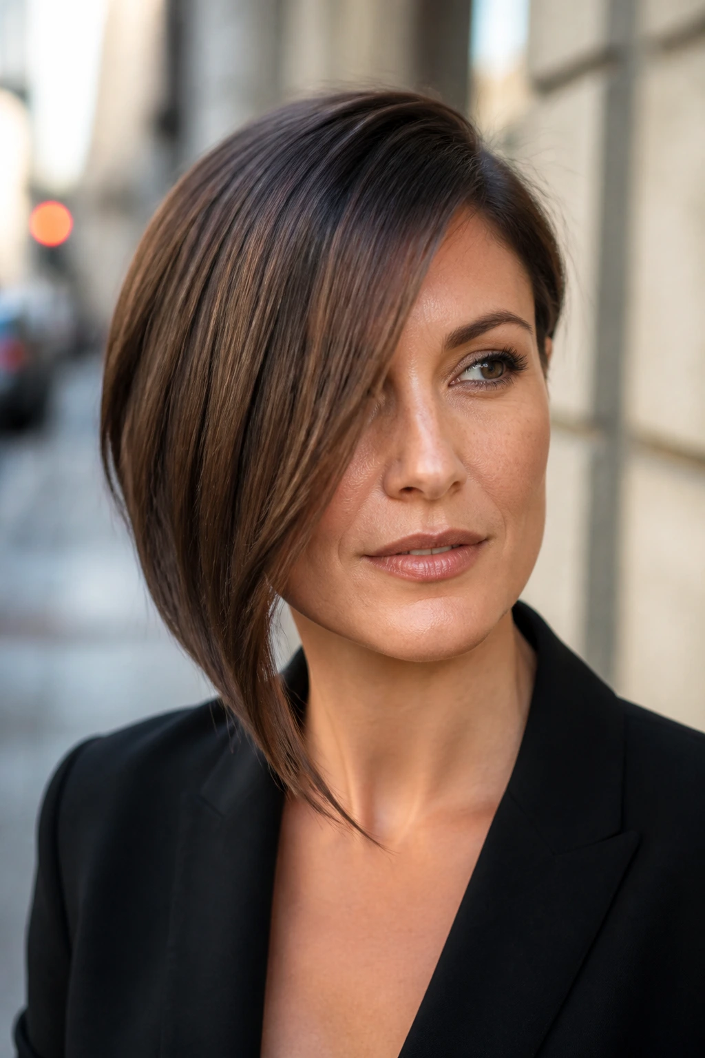 Portrait of a woman with an asymmetrical bob displaying diagonal length difference