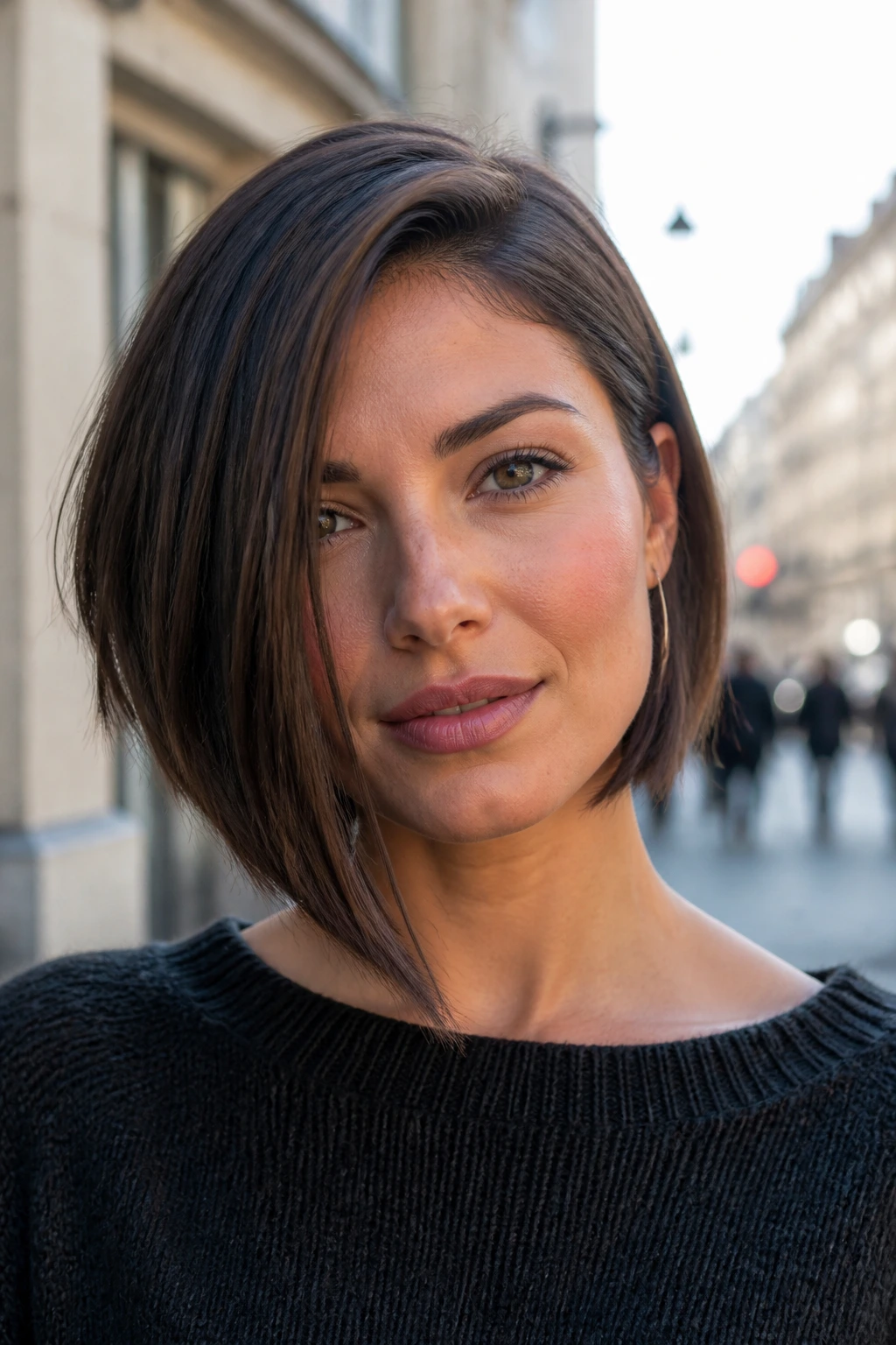 Close-up of real woman with an angled asymmetrical bob