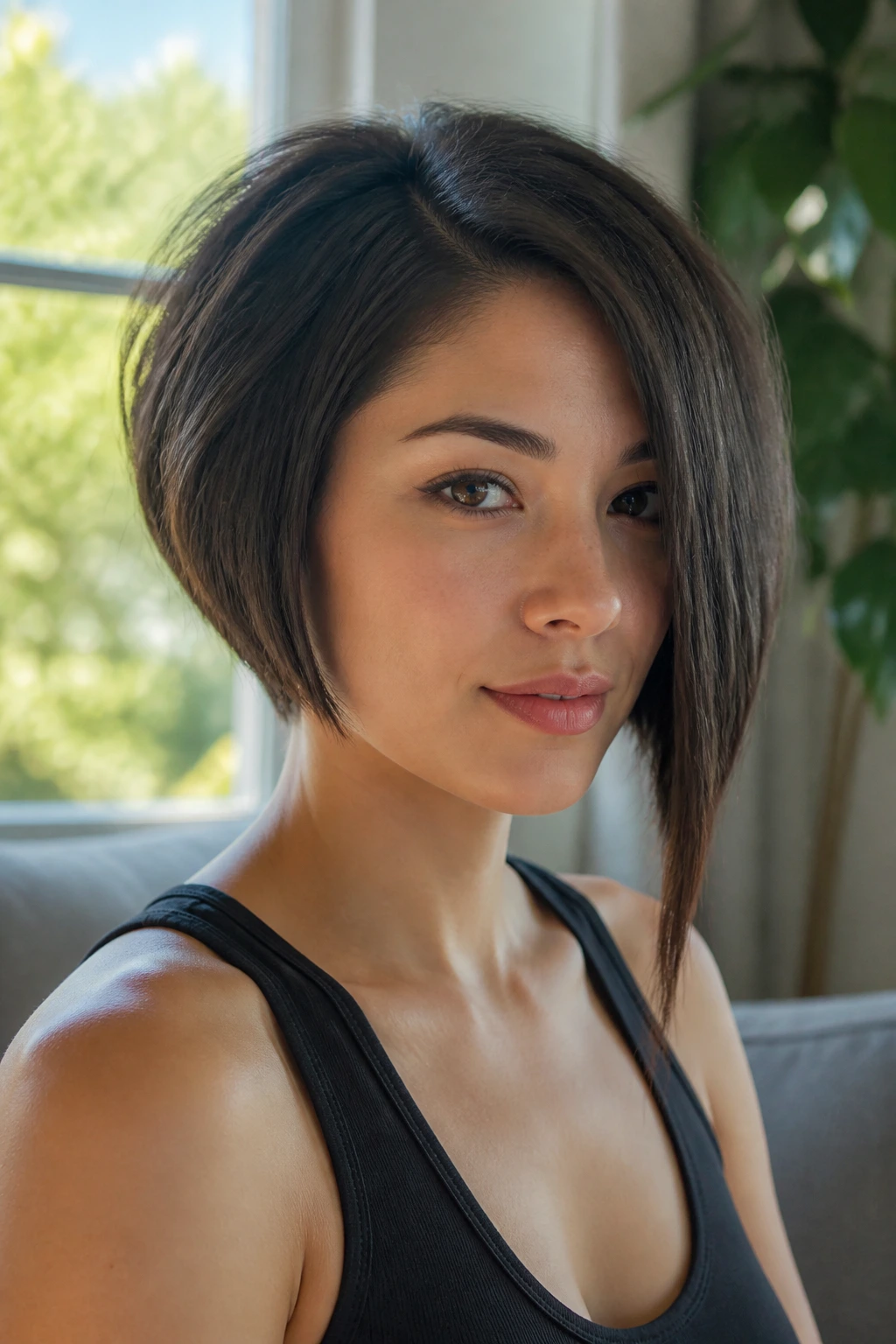 Portrait of a person with an asymmetrical bob, longer on one side, in a sunlit living room.