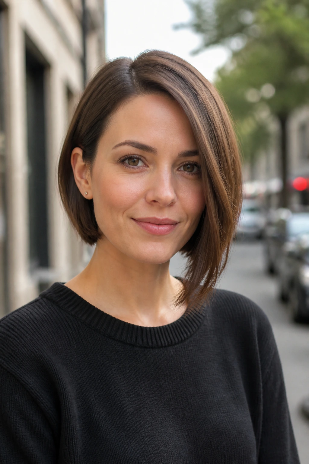 Portrait of a real woman with an asymmetrical bob.