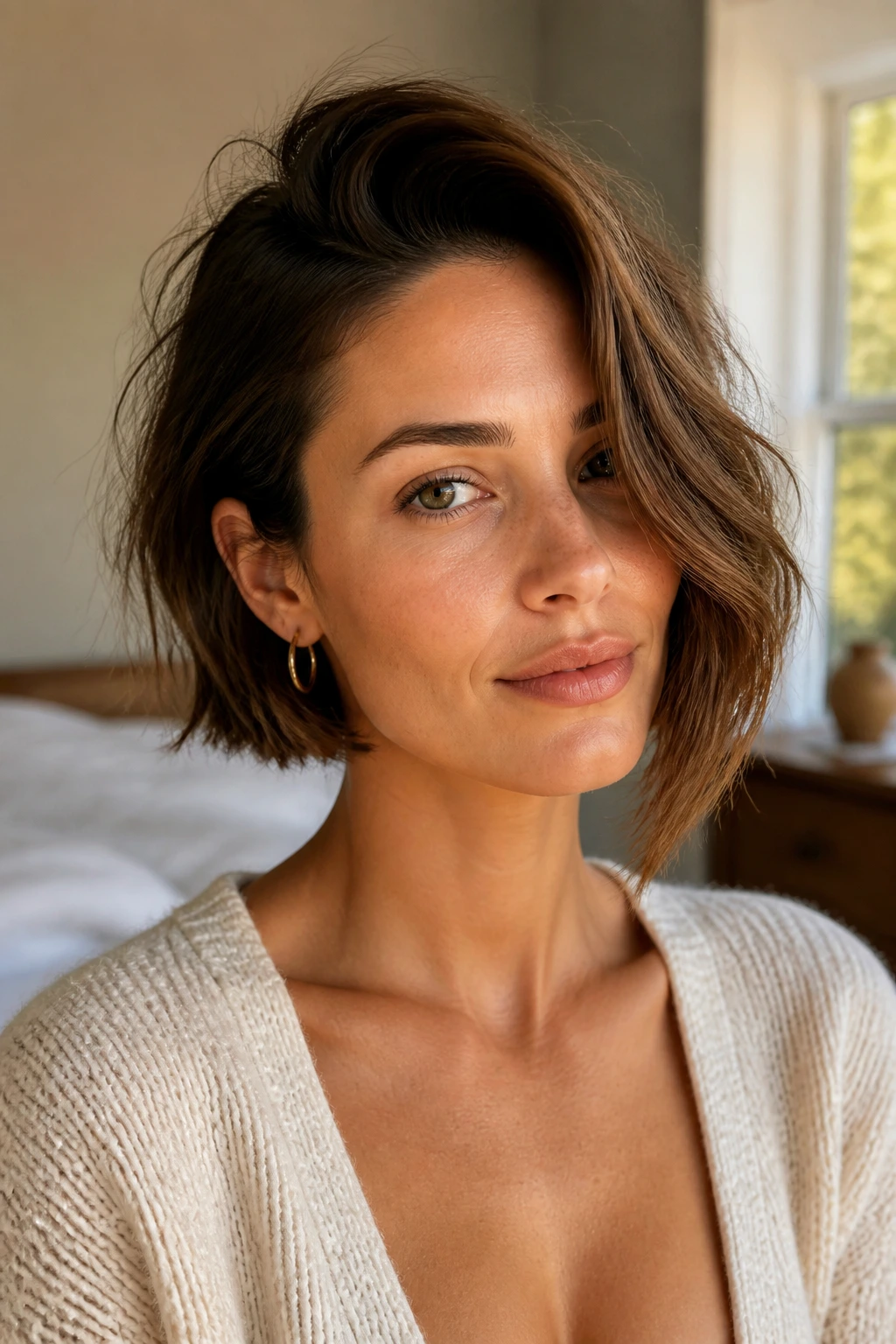 Close-up of real woman with side-parted bob showing asymmetrical movement