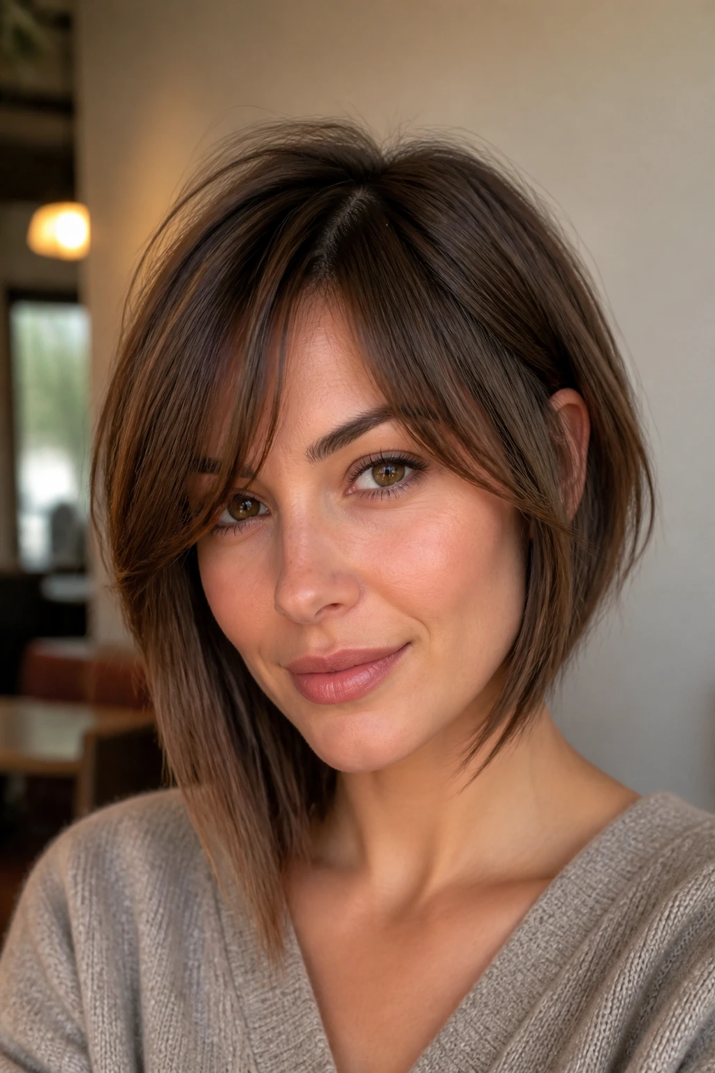 Close-up of a real woman with an asymmetrical bob for heart-shaped faces in warm cafe light