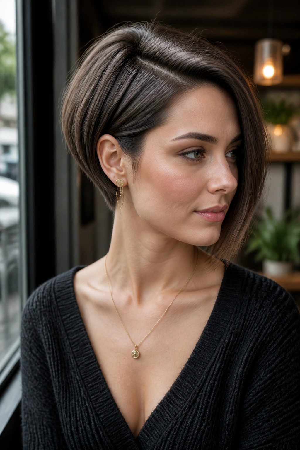 Portrait of a woman with an asymmetrical bob and hidden nape fade.