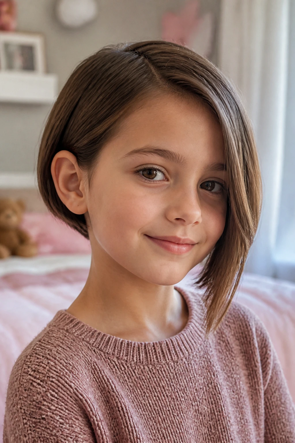Close-up of a real child with an asymmetrical bob, one side longer, head-and-shoulders portrait in a cozy bedroom.