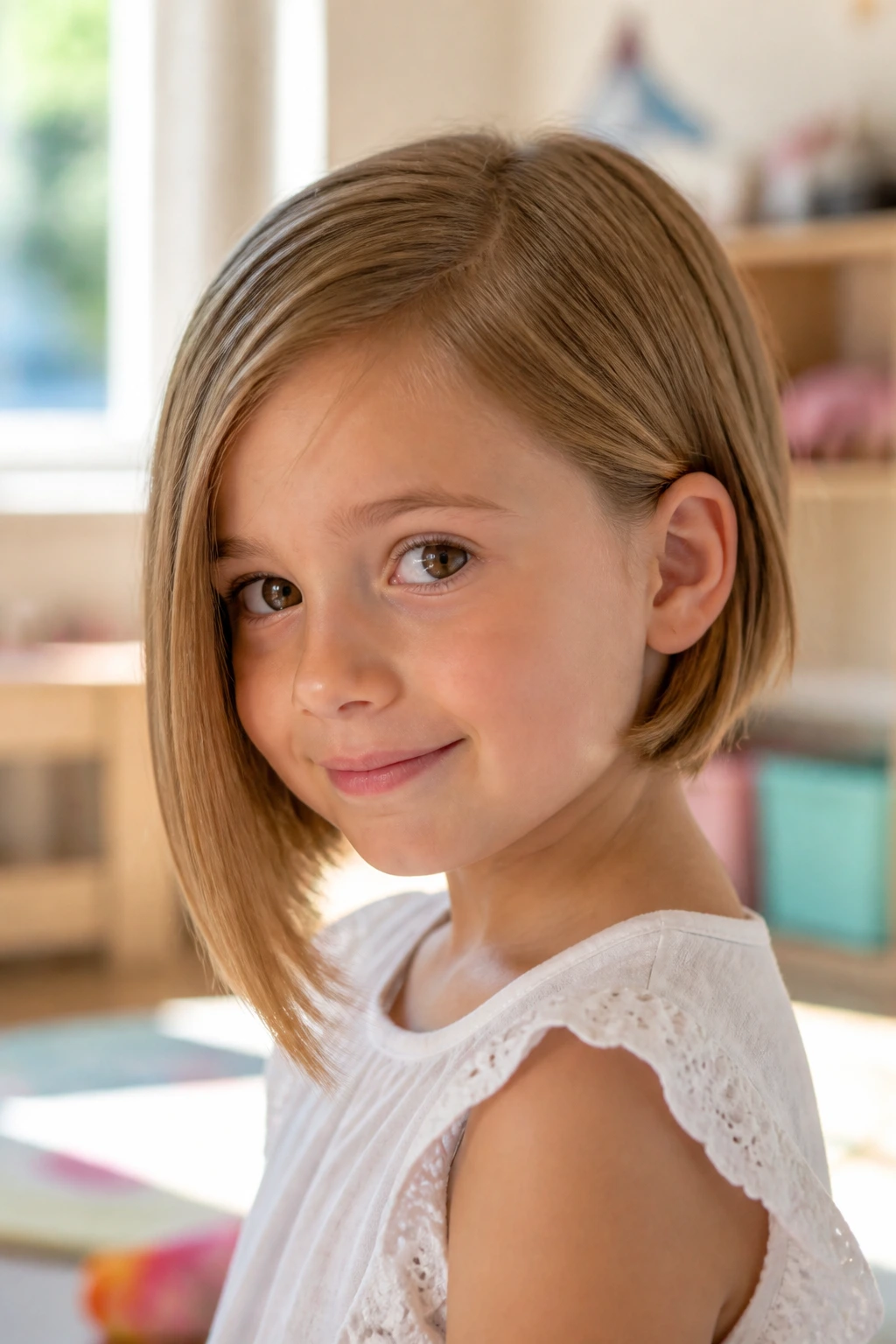 Portrait of a child with an asymmetrical bob showing a longer side