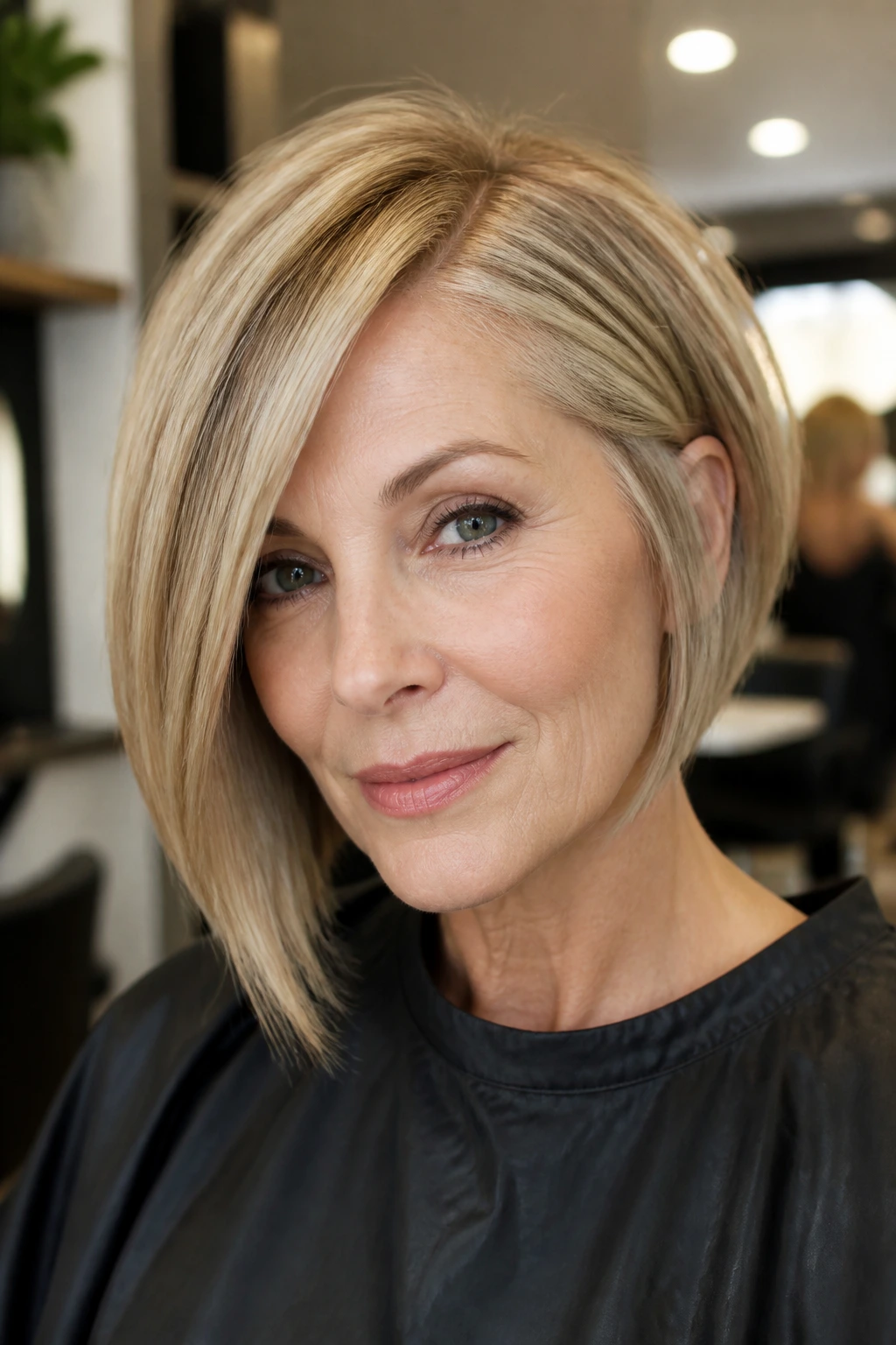 Close-up of a real woman with an asymmetrical bob showing extra lift and diagonal line