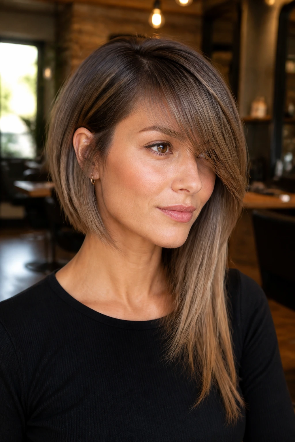 Close-up portrait of a real woman with an asymmetrical bob and long fringe, warm window light.