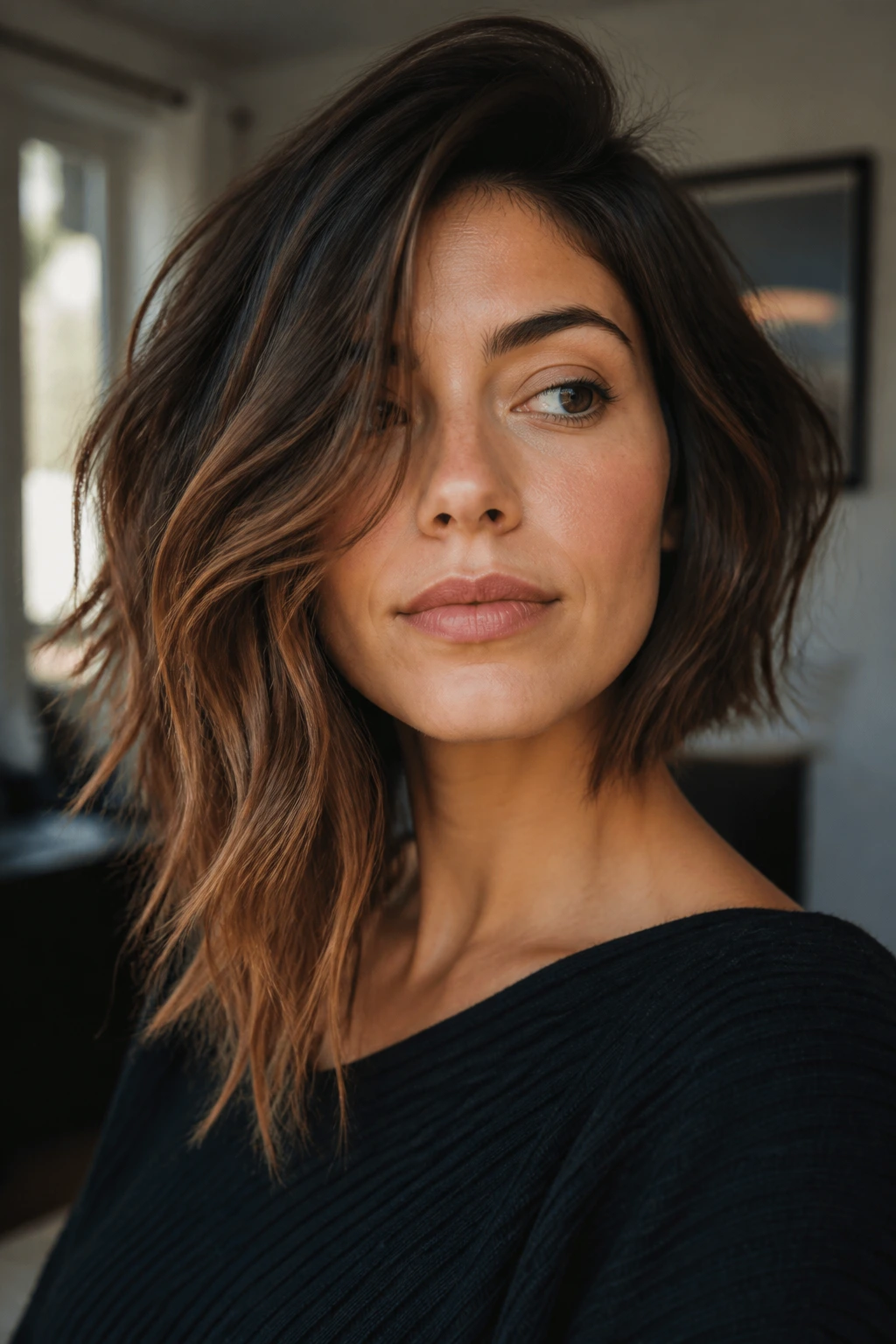Close-up portrait of a real woman with an asymmetrical bob showing length-preserving shape