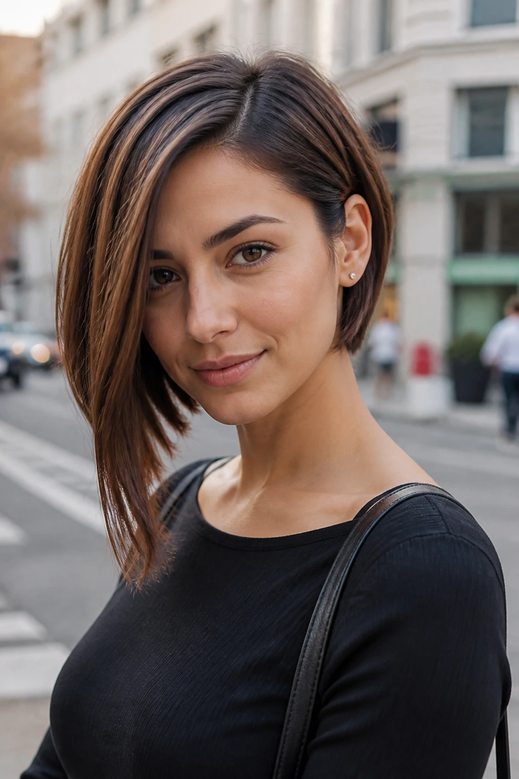 Close-up of a real woman with an asymmetrical bob and longer front corner in daylight.