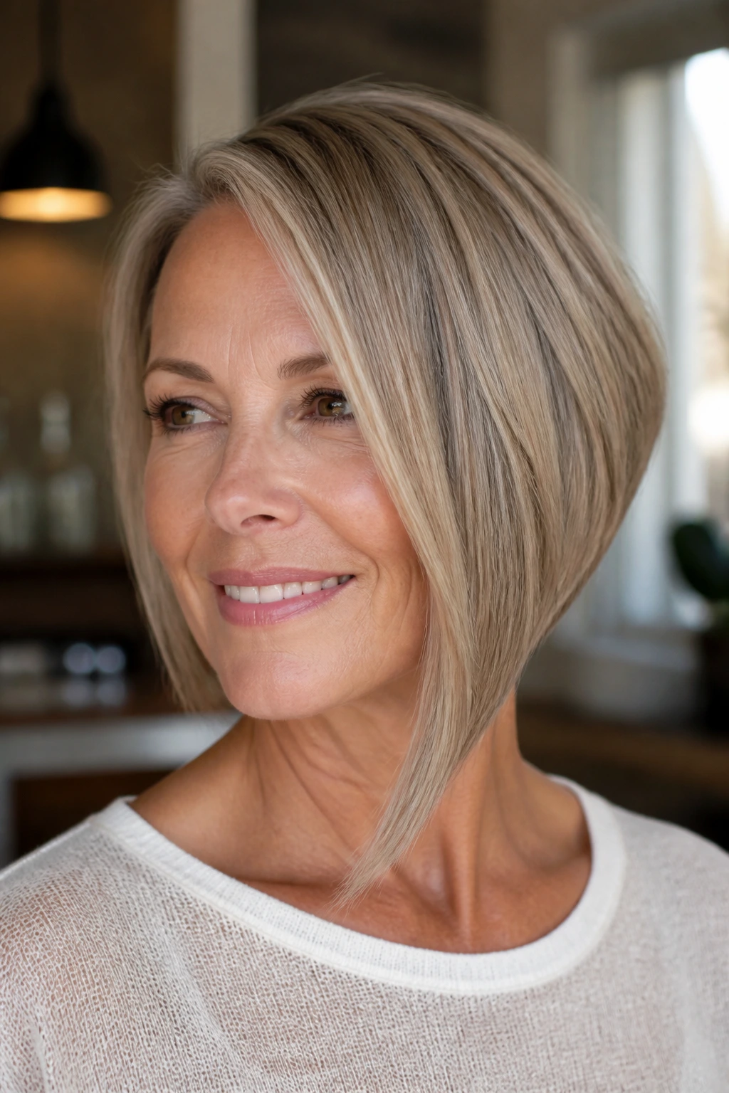 Portrait of a woman with an asymmetrical bob featuring a longer front