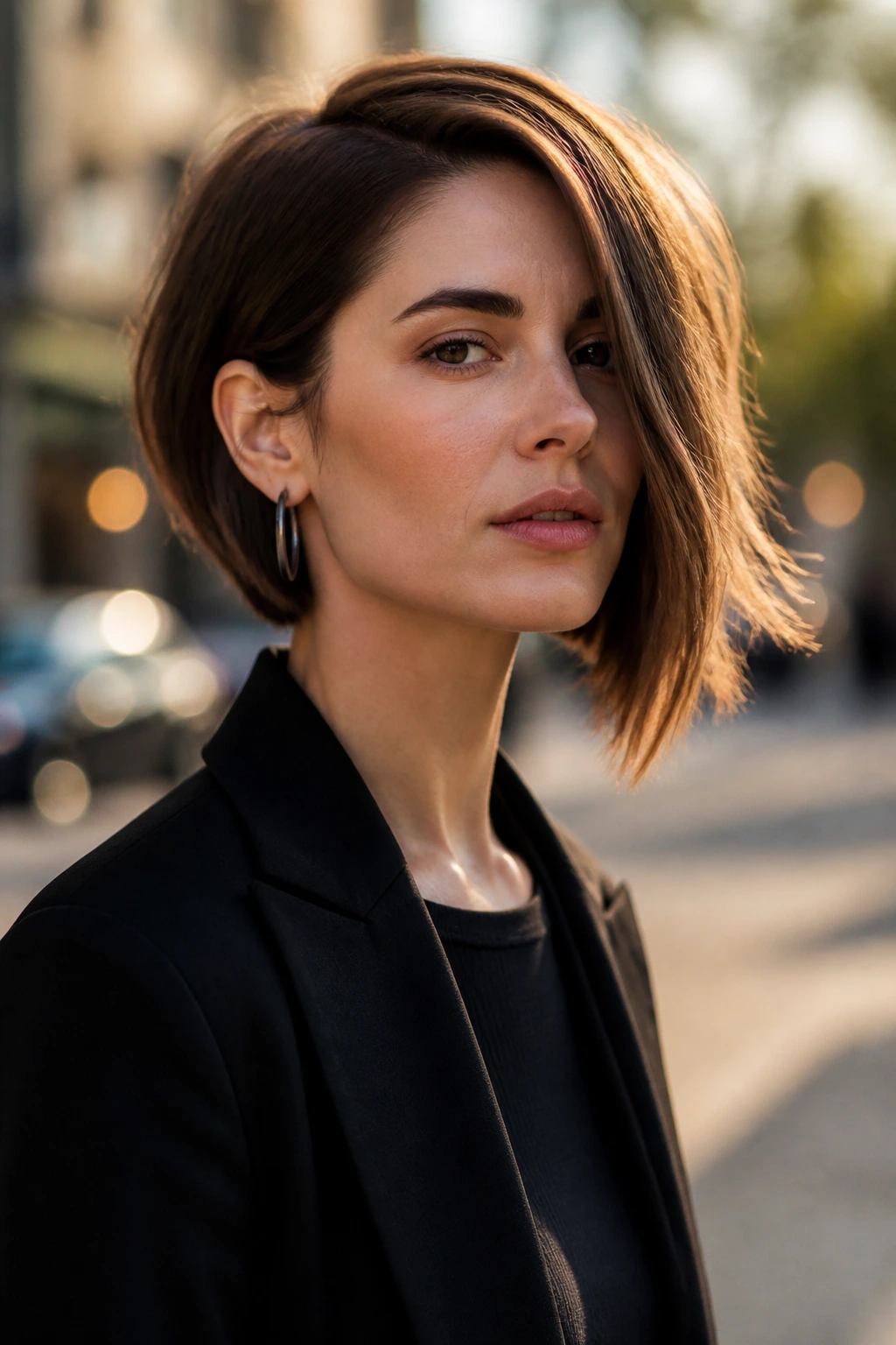 Close-up of a real woman with an asymmetrical bob and a longer side.
