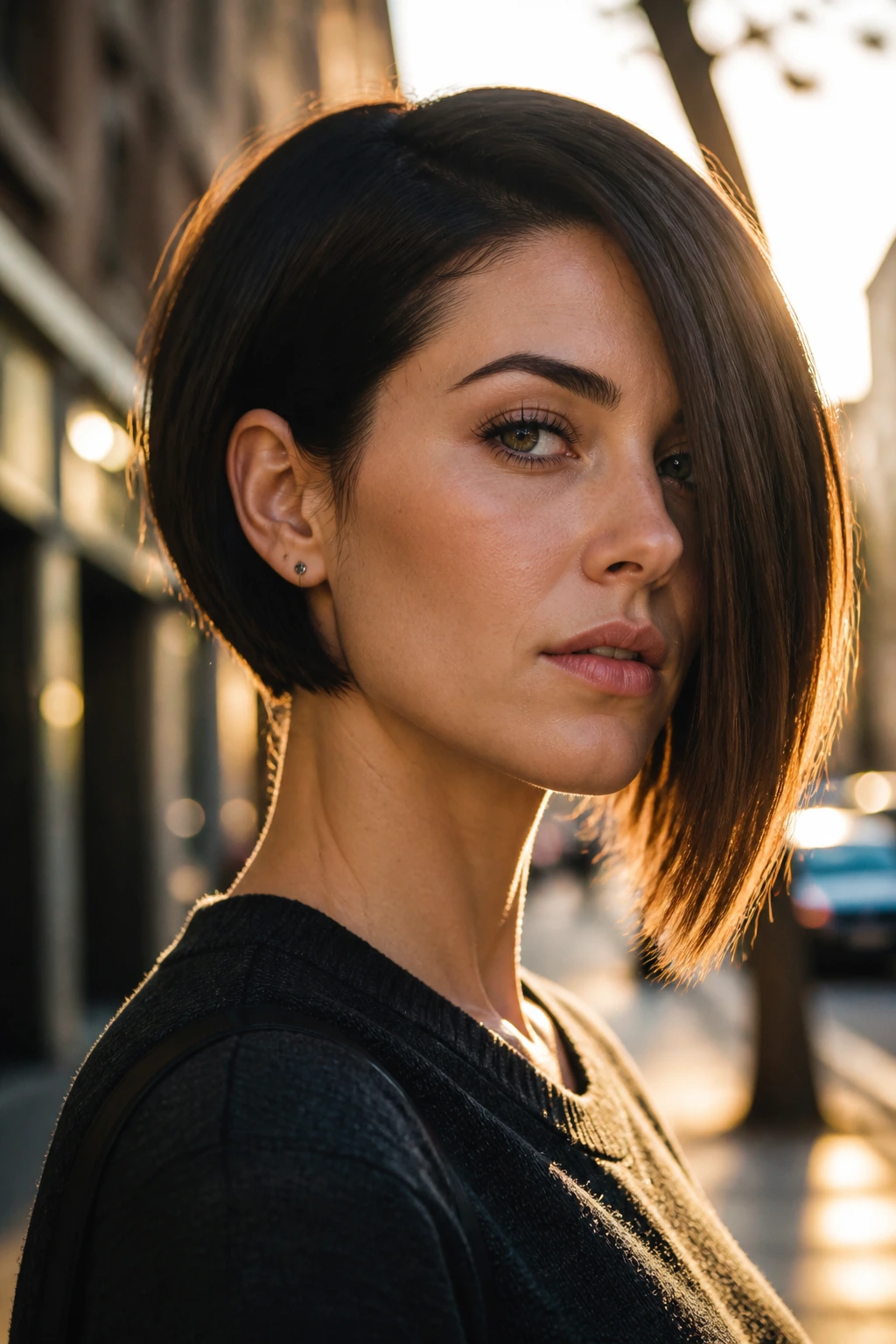 Close-up of a real woman with asymmetrical bob one longer side on a city street