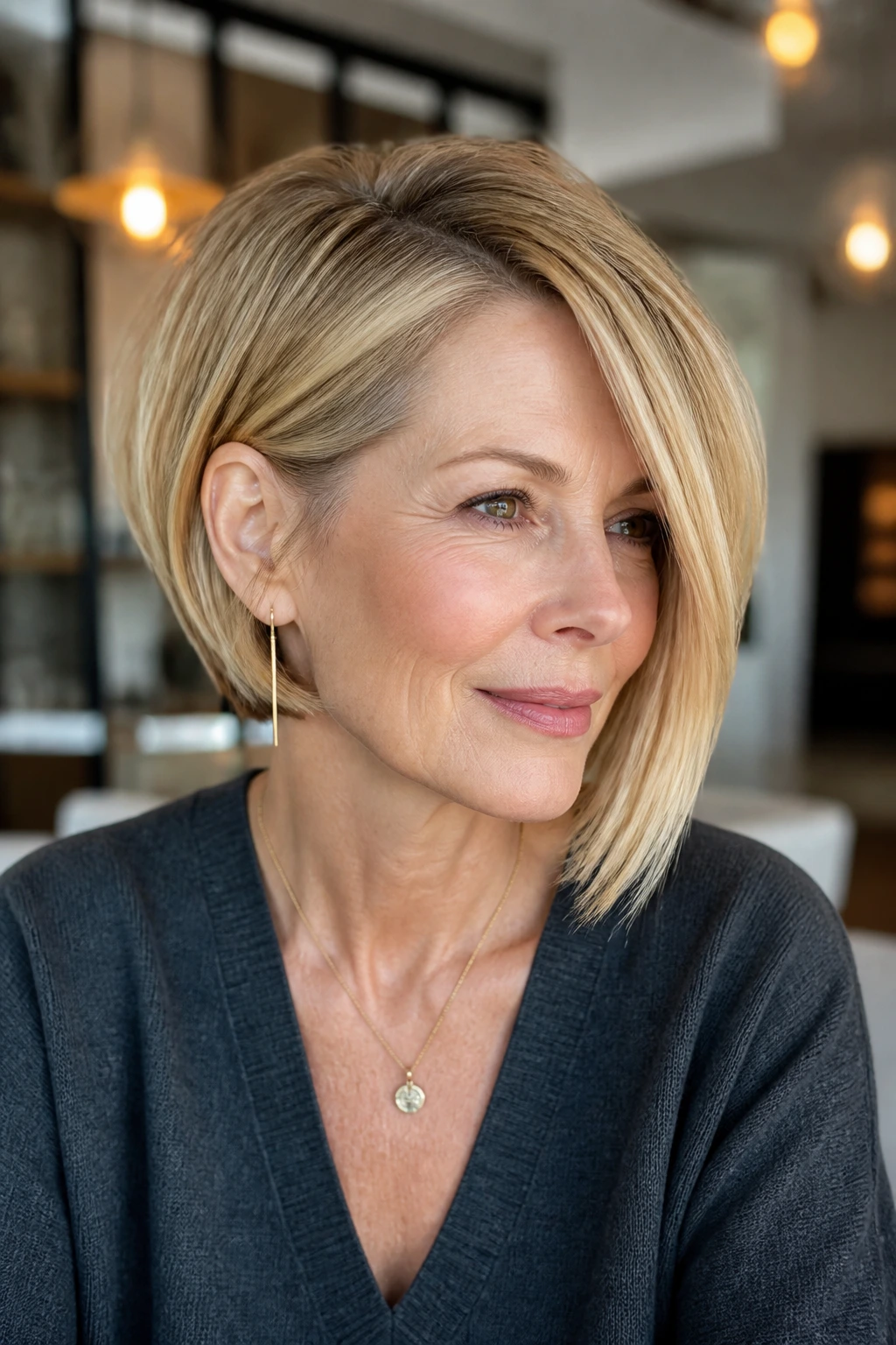 Portrait of a real woman with an asymmetrical bob and one longer side.