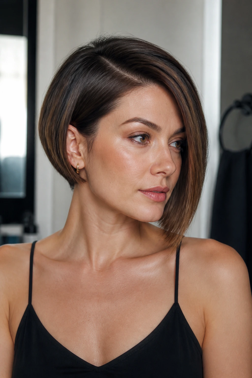 Portrait of woman with sharp asymmetrical bob showing crisp jawline angle.