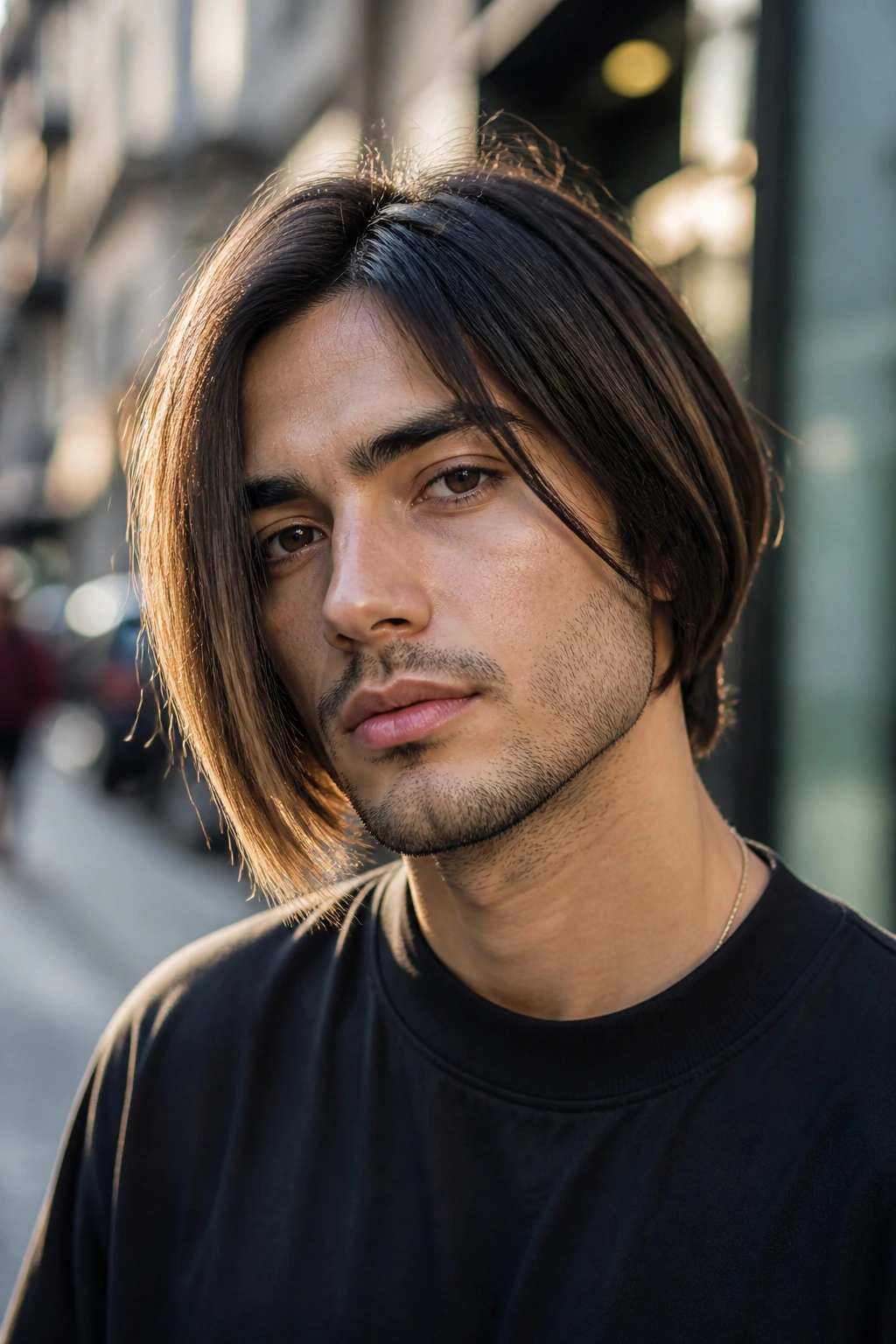 Man with asymmetrical bob haircut in outdoor portrait