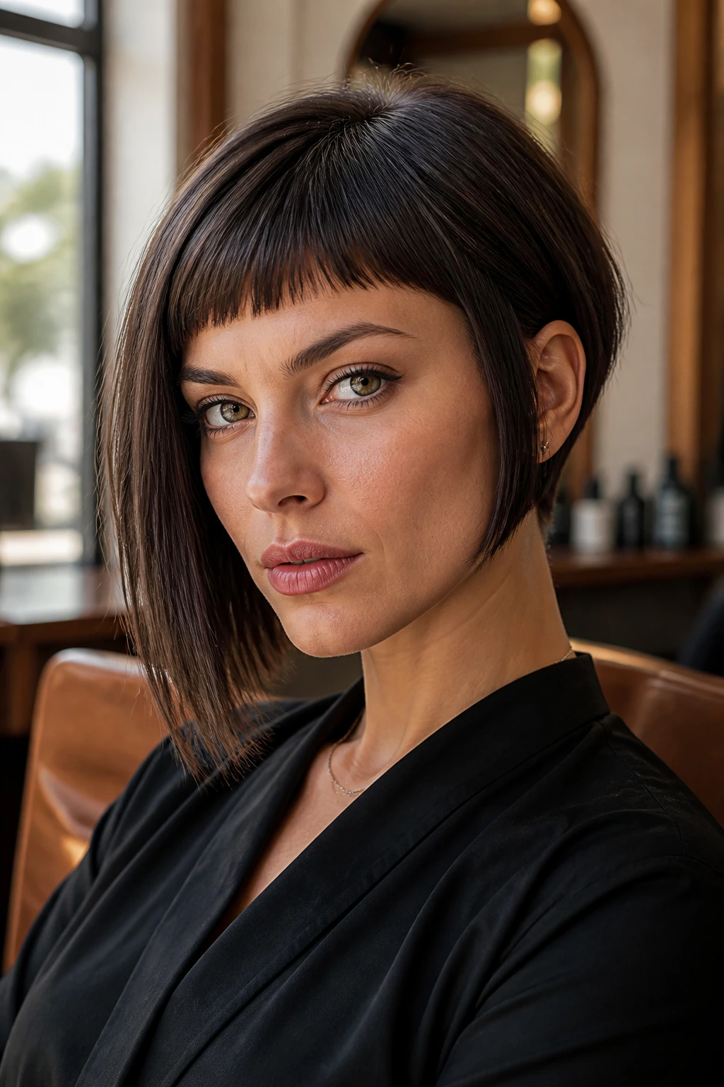 Close-up portrait of a real woman with a micro fringe asymmetrical bob in a salon setting