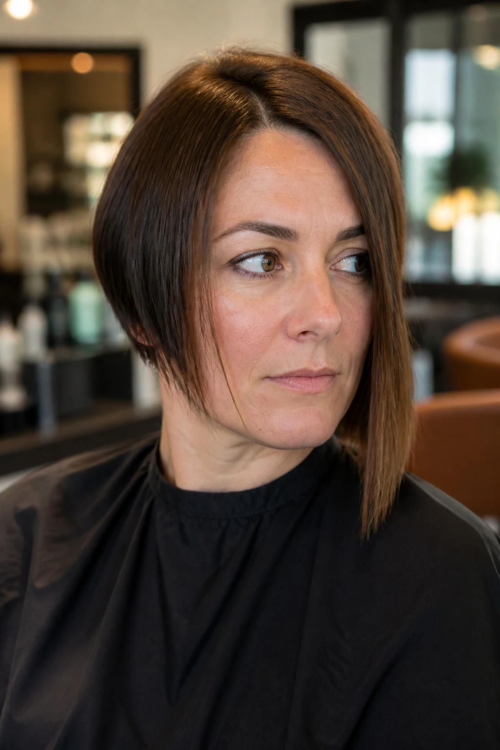 Close-up portrait of a real woman with an asymmetrical bob showing an uneven anchor point in a salon setting
