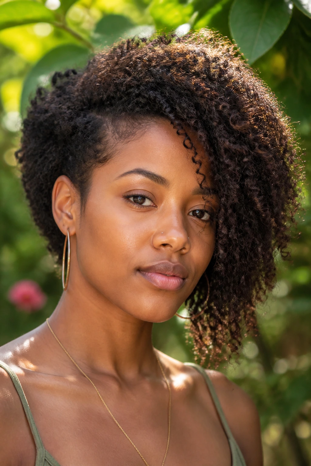 Close-up of a real woman with natural curls in an asymmetrical bob outdoors