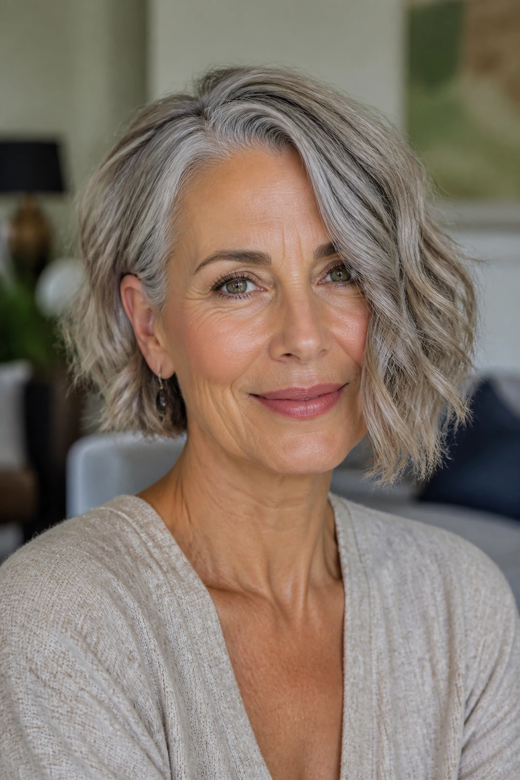Close-up of an older woman with an asymmetrical wavy bob