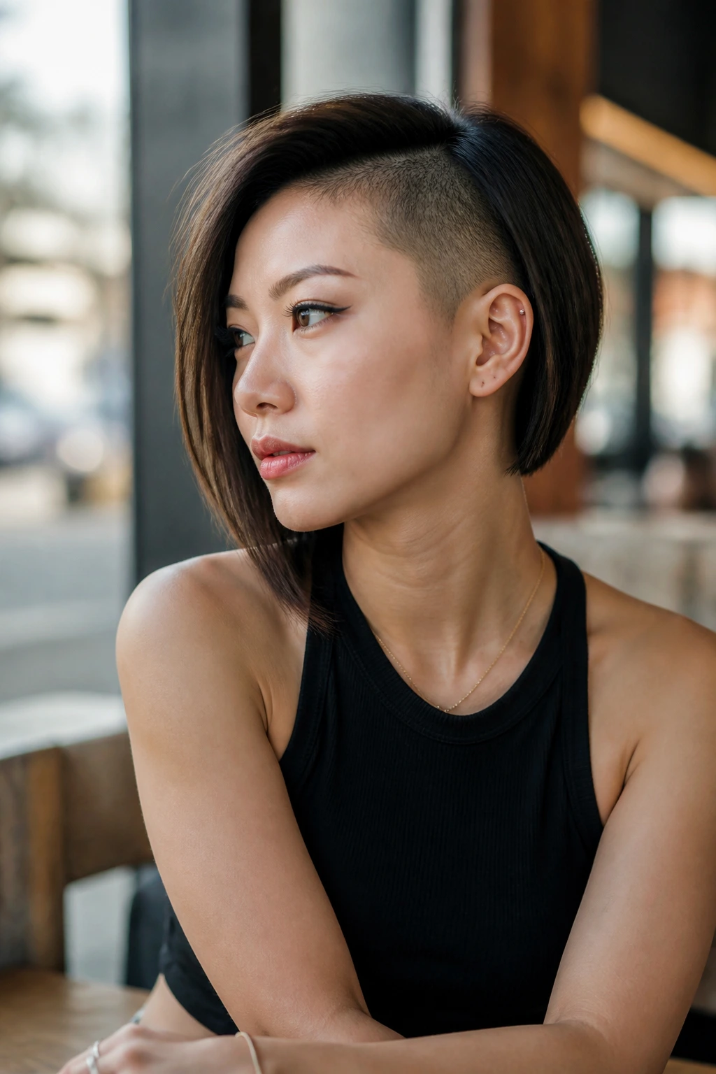 Portrait of asymmetrical bob with one-side shave on a real person