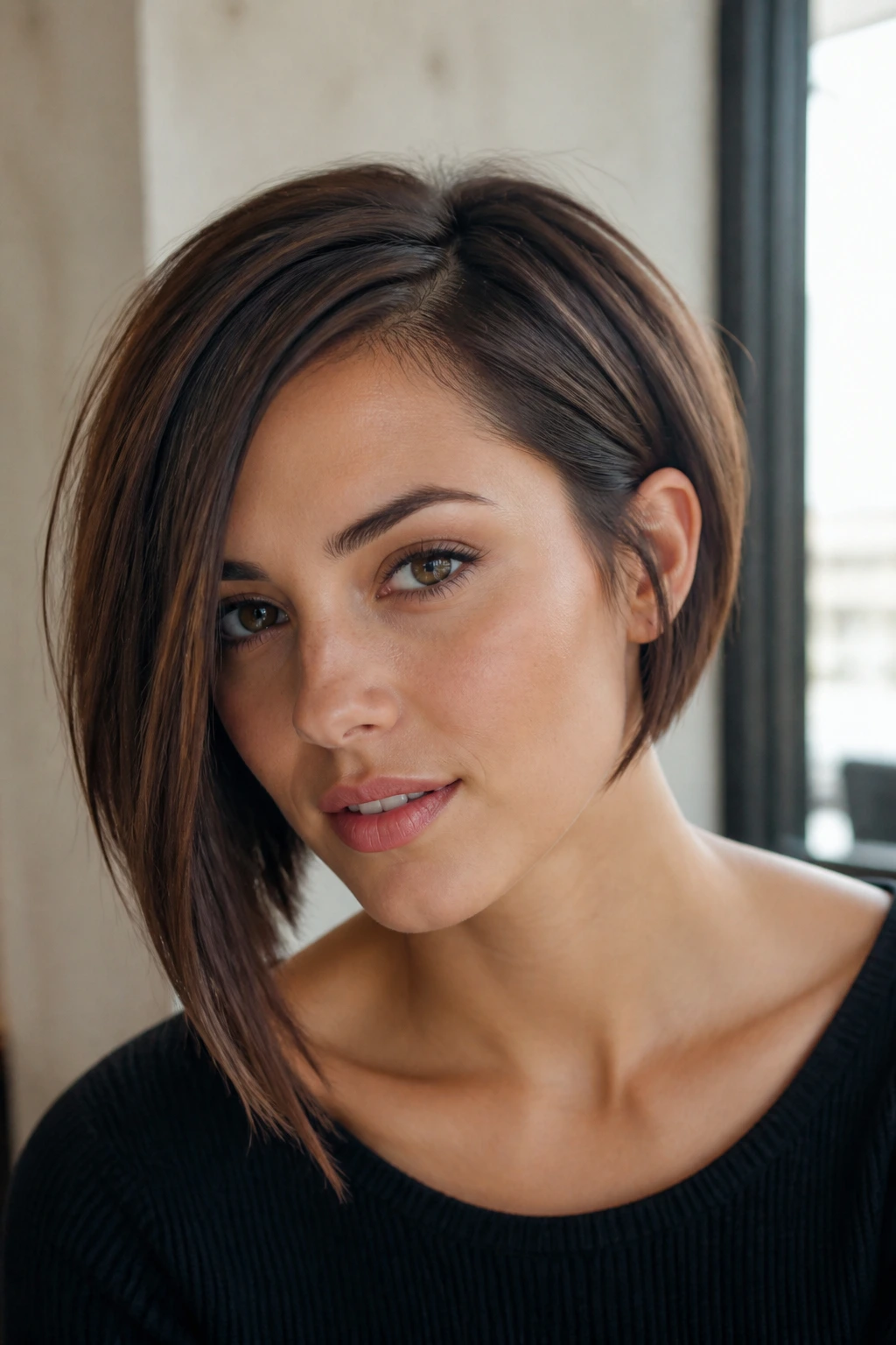Close-up portrait of a real woman with an asymmetrical bob for oval faces in warm cafe light