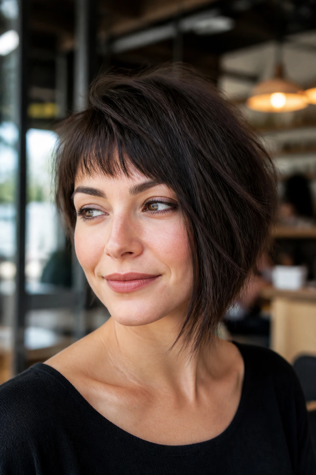 Portrait of a real woman with asymmetrical bob and piecey bangs