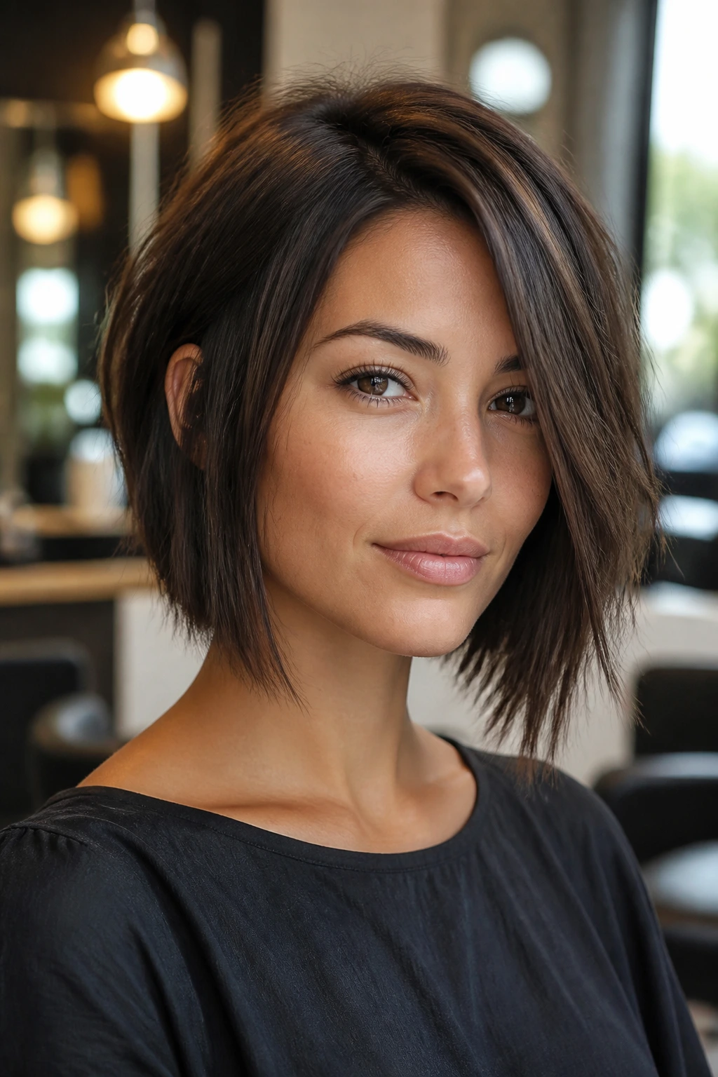 Close-up portrait of a real woman with an asymmetrical bob and piecey sides in a salon.