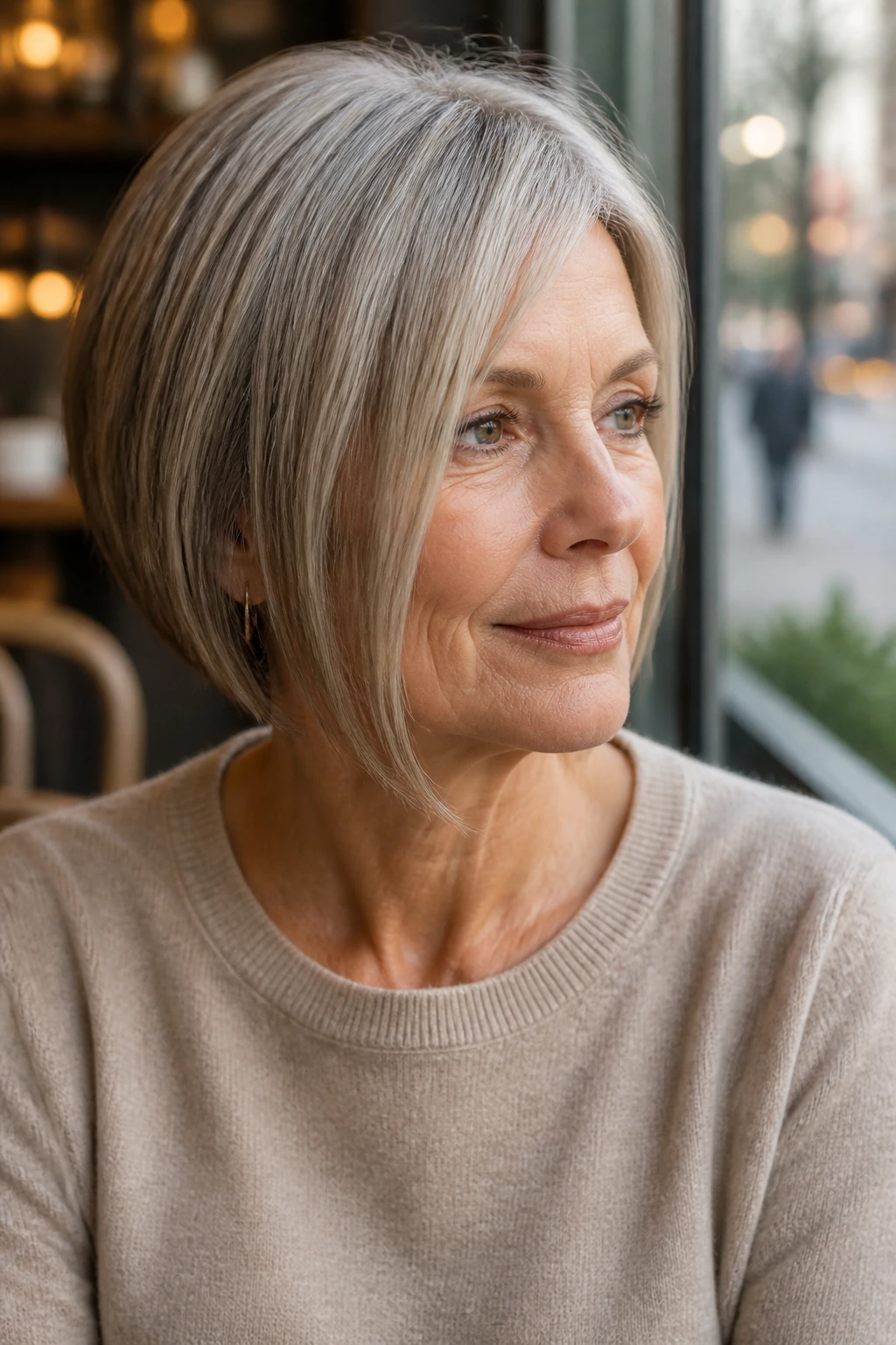 Close-up portrait of a real woman with a modest asymmetrical bob; one side longer.