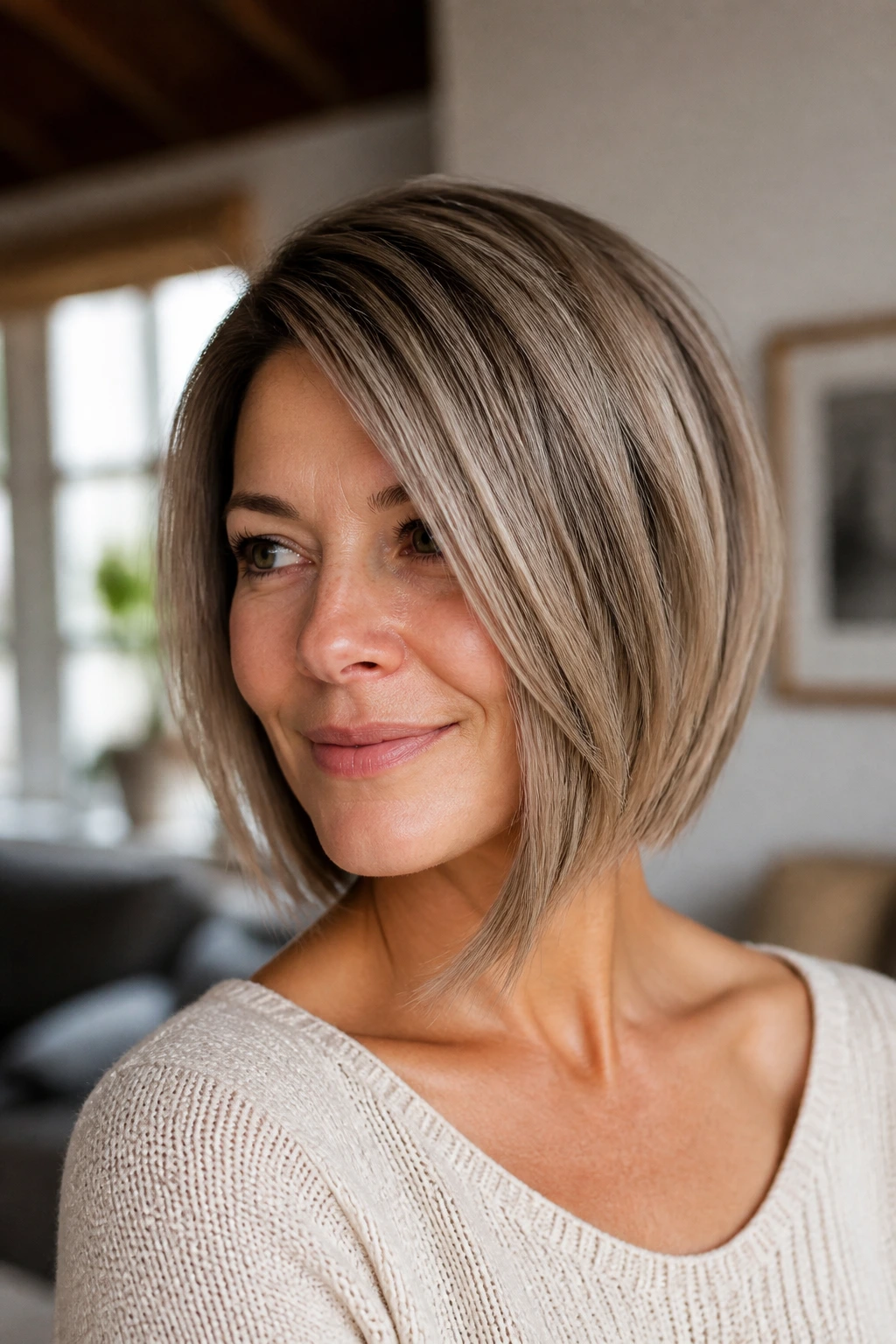 Close-up portrait of a real woman with an asymmetrical bob, one side longer, soft window light.