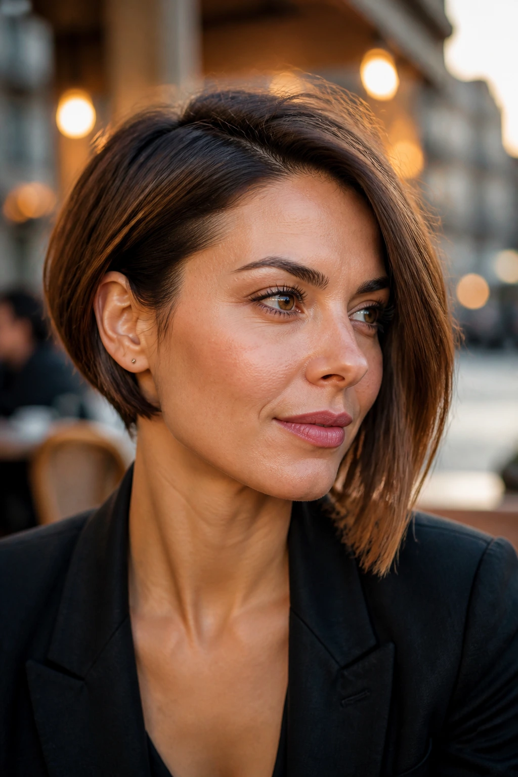 Close-up portrait of a woman with a subtle asymmetrical bob in a golden hour outdoor setting